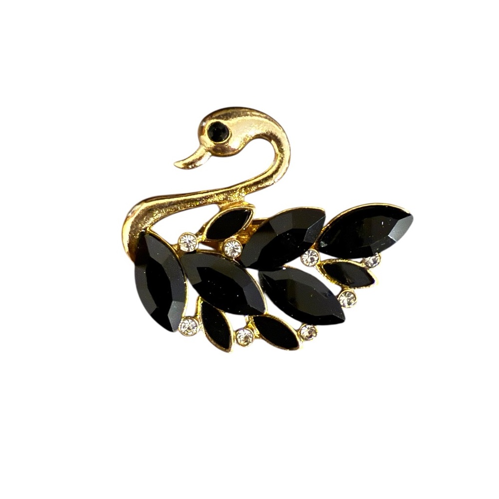 Black in Gold Tone Swan Brooch with Crystal Details